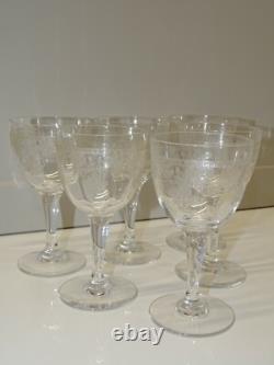6 VERRES à pieds CRISTAL Gravé Feuilles & Fleurs VERRES ANCIENS ART NOUVEAU