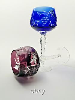 6 Verres A Vin Grand Ancienne Cristal Double Couleur Taille Raisin Traube Bohème