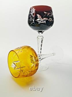 6 Verres A Vin Grand Ancienne Cristal Double Couleur Taille Raisin Traube Bohème