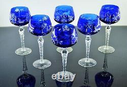 6 Verres Grand A Vin Ancienne Cristal Double Couleur Bleu Taille Traube Bohème