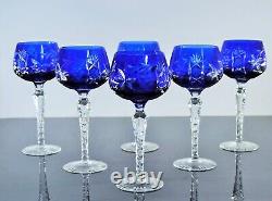 6 Verres Grand A Vin Ancienne Cristal Double Couleur Bleu Taille Traube Bohème