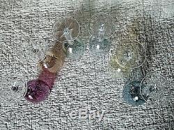 6 verres anciens à vin-bohème-en couleur-à pieds-facettes et biseau-vintage 1950