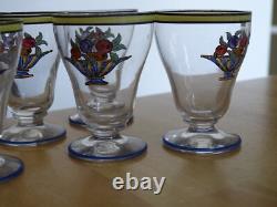 7 ANCIENS PETITS VERRES LIQUEUR CRISTAL COUPE A FRUITS EMAILLEE ART DECO ht 6 cm