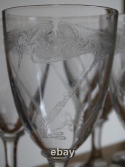 7 ANCIENS VERRES A VIN CRISTAL GRAVURE ART NOUVEAU ht 12 cm