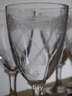 7 ANCIENS VERRES A VIN CRISTAL GRAVURE ART NOUVEAU ht 12 cm