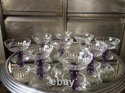 9 Coupes Cristal Taillé Jambe Couleur Améthyste Verre Ancien French Glass