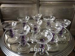 9 Coupes Cristal Taillé Jambe Couleur Améthyste Verre Ancien French Glass