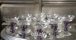 9 Coupes Cristal Taillé Jambe Couleur Améthyste Verre Ancien French Glass