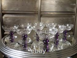 9 Coupes Cristal Taillé Jambe Couleur Améthyste Verre Ancien French Glass