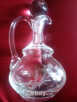 AIGUIERE CARAFE ANCIENNE Verre cristal gravé Feuillage & Fleurs BOUCHON BOULE