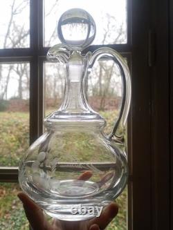 AIGUIERE CARAFE ANCIENNE Verre cristal gravé Feuillage & Fleurs BOUCHON BOULE