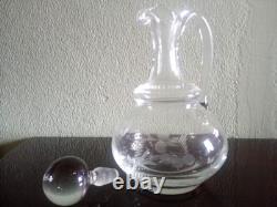 AIGUIERE CARAFE ANCIENNE Verre cristal gravé Feuillage & Fleurs BOUCHON BOULE