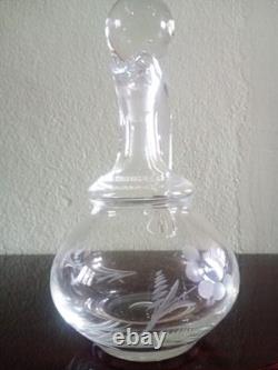 AIGUIERE CARAFE ANCIENNE Verre cristal gravé Feuillage & Fleurs BOUCHON BOULE