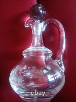 AIGUIERE CARAFE ANCIENNE Verre cristal gravé Feuillage & Fleurs BOUCHON BOULE