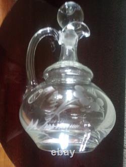 AIGUIERE CARAFE ANCIENNE Verre cristal gravé Feuillage & Fleurs BOUCHON BOULE