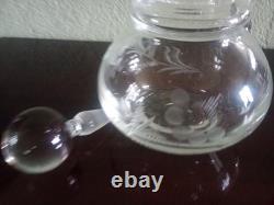AIGUIERE CARAFE ANCIENNE Verre cristal gravé Feuillage & Fleurs BOUCHON BOULE