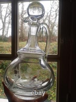 AIGUIERE CARAFE ANCIENNE Verre cristal gravé Feuillage & Fleurs BOUCHON BOULE