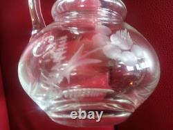 AIGUIERE CARAFE ANCIENNE Verre cristal gravé Feuillage & Fleurs BOUCHON BOULE