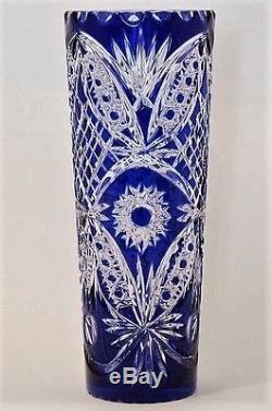 ANCIENNE Vase Bleu Cobalt Cristal double couche taille BOHEME