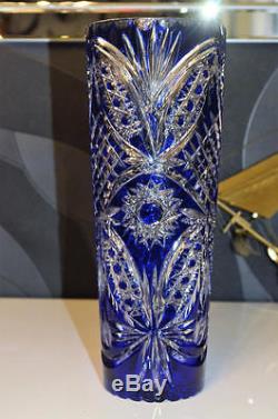 ANCIENNE Vase Bleu Cobalt Cristal double couche taille BOHEME