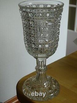 ANCIEN GRAND VERRE MARIAGE CRISTAL TAILLER PIERRERIE DIAMANTS MONOGRAMME 25 cm