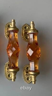 Ancien 5.5 Cristal / Coupe Orange Verre Laiton Porte Poignée, de Collection