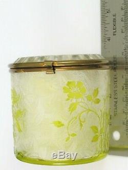 Ancien Baccarat Acide Gravé Jaune Vert Art Verre Eglantier Pot Fin Floral