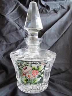 Ancien GRAND FLACON DE PARFUM EN VERRE CRISTAL TRANSPARENT BOHÈME PEINT