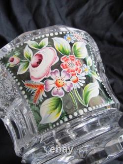 Ancien GRAND FLACON DE PARFUM EN VERRE CRISTAL TRANSPARENT BOHÈME PEINT