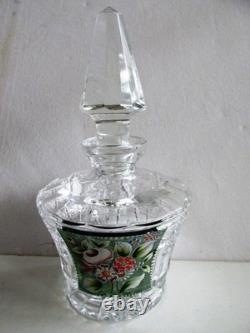 Ancien GRAND FLACON DE PARFUM EN VERRE CRISTAL TRANSPARENT BOHÈME PEINT