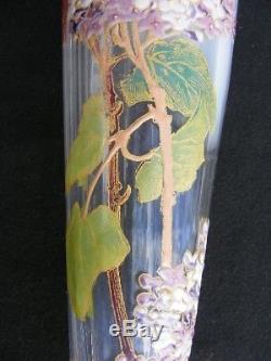 Ancien Grand Vase émaillé branches de Lilas Montjoye Legras opalescent en haut