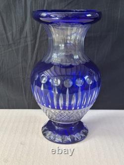 Ancien Grand vase Overlay Bleu Cobalt Cristal de Lorraine Saint Louis 35 Cm
