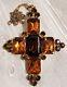 Ancien Imposant Pendentif Croix Broche Verre Ou Cristal Citrine Metal Dore T158