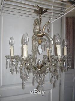 Ancien Lustre Italien En Verre Et Cristal Style Marie-therese 7 Lampes