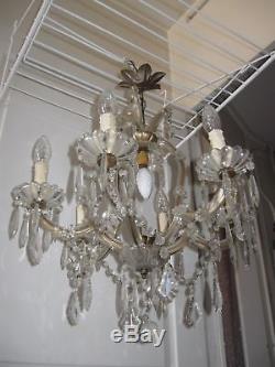 Ancien Lustre Italien En Verre Et Cristal Style Marie-therese 7 Lampes