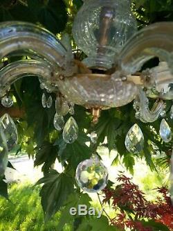 Ancien Lustre Murano verre pampilles cristal fleurs métal doré