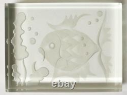 Ancien Parallélépipède de cristal taillé dépoli poisson décor marin Art-Déco XXe