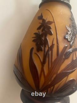 Ancien Pied De Lampe Decor D'orchidees Pate De Verre Multi-couches Signee Galle