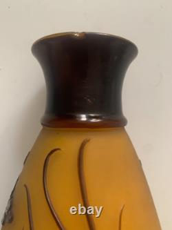 Ancien Pied De Lampe Decor D'orchidees Pate De Verre Multi-couches Signee Galle