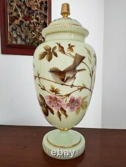 Ancien Pot Couvert Opaline XIX Ème Sur Piédouche À Décor Fleurs Et Oiseau Ht 40