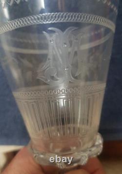 Ancien Rare Verre cristal XIX ème décor floral monogramme non baccarat