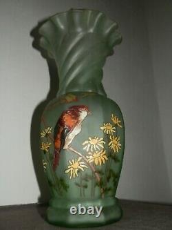 Ancien Vase Emaille Oiseau Et Fleurs Legras