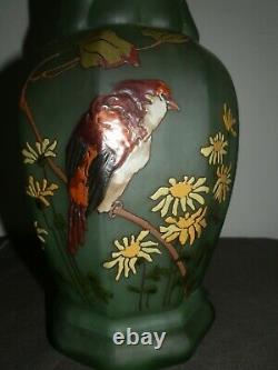 Ancien Vase Emaille Oiseau Et Fleurs Legras