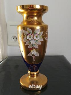 Ancien Vase En Cristal De Bohème Émaillé Fleurs Cristal Or 24 Carats
