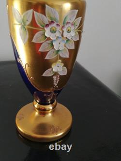 Ancien Vase En Cristal De Bohème Émaillé Fleurs Cristal Or 24 Carats