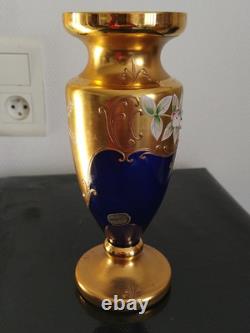 Ancien Vase En Cristal De Bohème Émaillé Fleurs Cristal Or 24 Carats