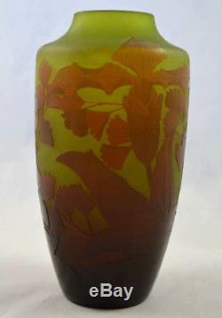 Ancien Vase En Pate De Verre Degage A L'acide Signe D'argental Orchidée