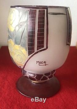 Ancien Vase En Pte De Verre Signé Moda Art Deco