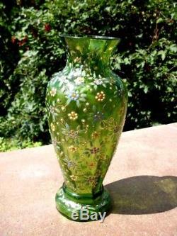 Ancien Vase En Verre Decor Emaille Signe
