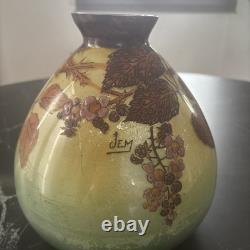 Ancien Vase En Verre Émaillé Jem (joseph Mure) Décor Floral En Relief